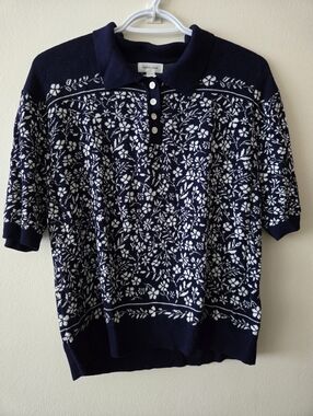 Gemma & Jane XL Navy Floral Polo Knit Sweater - Short Sleeve